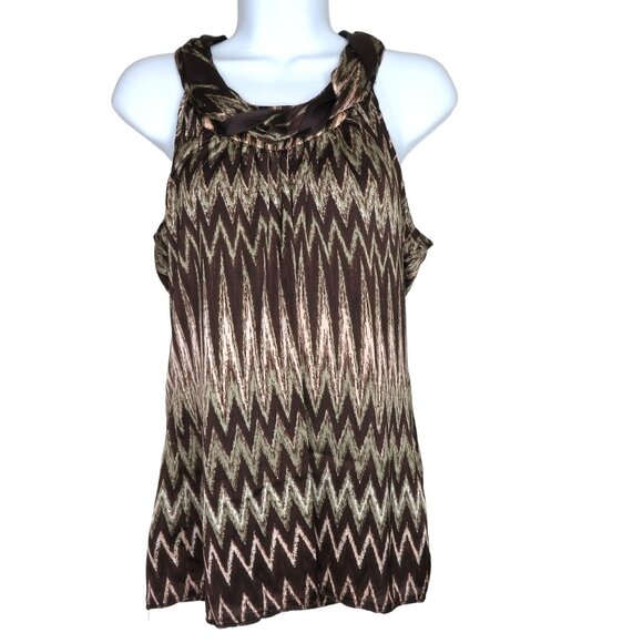 Womens Sleeveless Brown Chevron Blouse M Keyhole Tie Neck Loose Y2K Tank Top - Picture 1 of 10